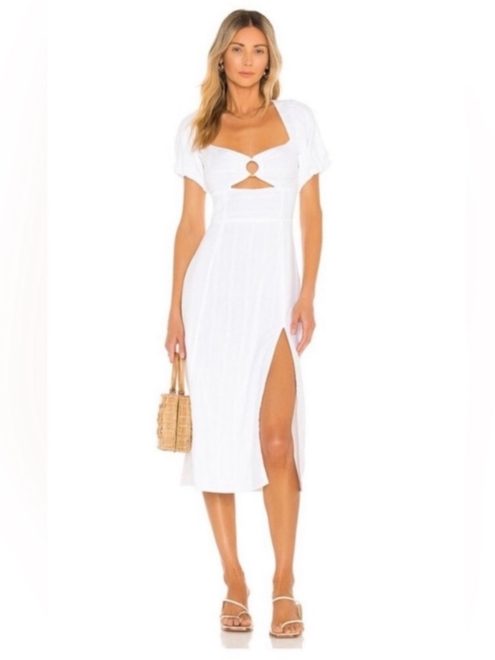 l*space White Ring-Front Midi Dress with Puff Sleeves